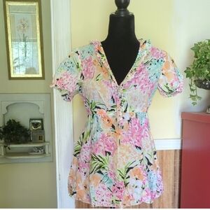 Sunny Taylor Floral Pastel V-neck Short Sleeve Fit And Flare Blouse